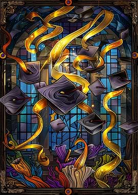 Graduation Caps Stained Glass