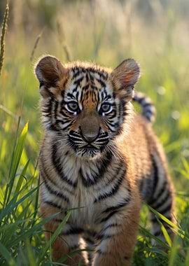 Adorable Tiger Cub in Tall Grass