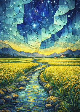 Stained Glass Rice Field at Night