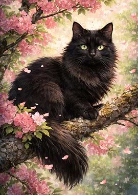 Black Cat in Cherry Blossoms