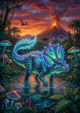 Bioluminescent Dinosaur in Prehistoric Jungle