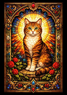 Stained Glass Cat with Roses