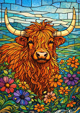 Highland Cow in Stained Glass Style