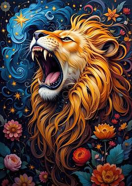 Roaring Lion with Floral and Celestial Background