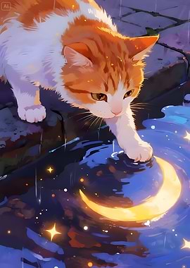 Cat touching moon reflection in water