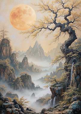 Misty Mountain Landscape with Moon and Tree
