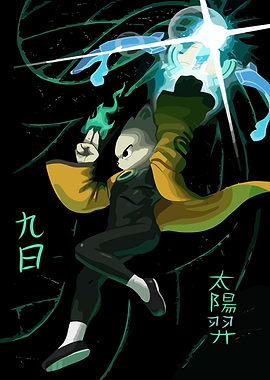 Anime Character with Green Fire and Blue Energy