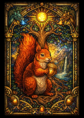 Stained Glass Squirrel with Acorn
