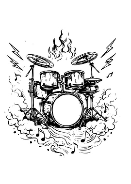 Drum Set with Flames and Music Notes