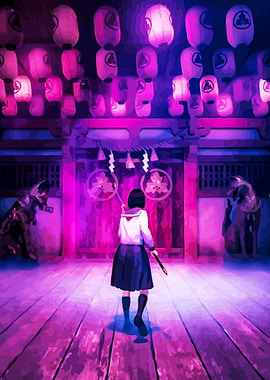 Schoolgirl with Sword at Shrine