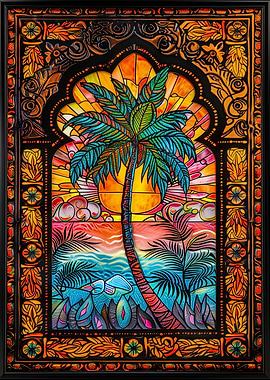 Stained Glass Palm Tree Sunset
