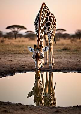 Giraffe drinking water at sunset
