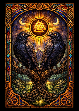 Viking Ravens and Tree of Life Stained Glass