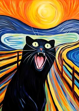 Screaming Black Cat Painting