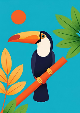 Toucan on a Branch with Tropical Leaves