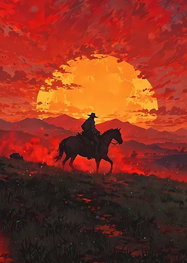 Cowboy Riding Horse at Sunset