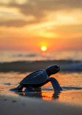 Baby sea turtle at sunset