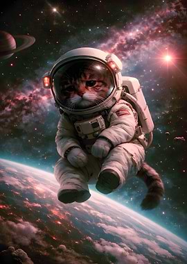 Cat Astronaut Floating in Space