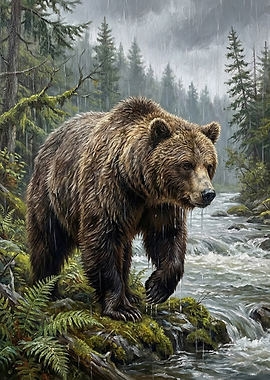Grizzly Bear in Rainy Forest