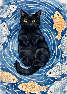 Black Cat Surrounded by Fish
