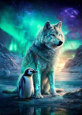 Wolf and Penguin Under Aurora Borealis