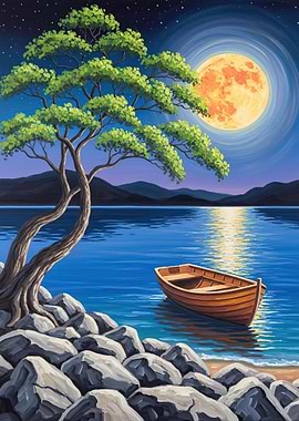 Serene Moonlit Lake with Boat and Tree