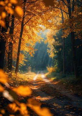 Autumn Forest Path with Sunbeams