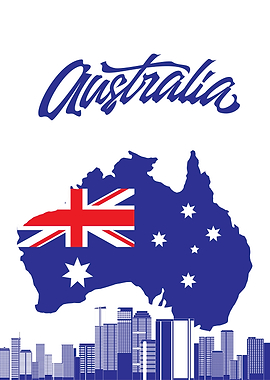 Australia Map with Flag and Cityscape