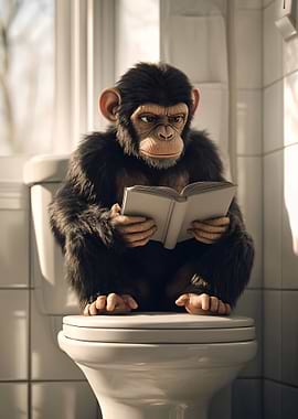 Chimpanzee Reading on Toilet