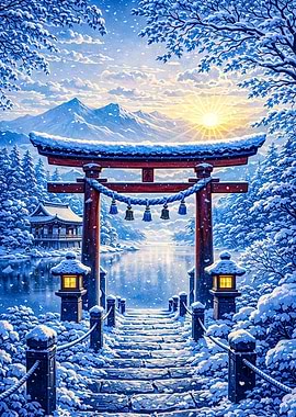 Snowy Japanese Torii Gate at Sunrise