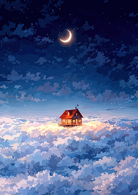 House on clouds under crescent moon