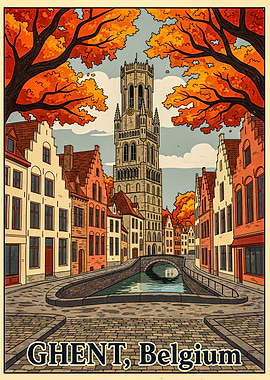 Ghent, Belgium Autumn Canal Scene