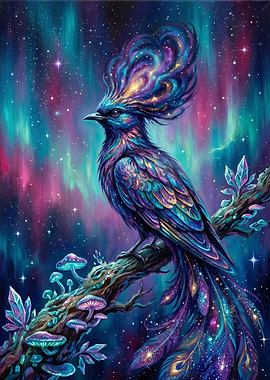 Cosmic Phoenix Bird on Branch