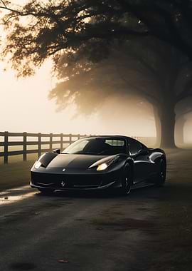 Ferrari on a foggy road