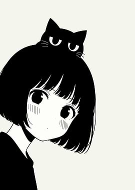 Girl with Black Cat on Head
