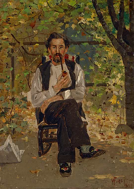 Man Smoking Pipe in Garden