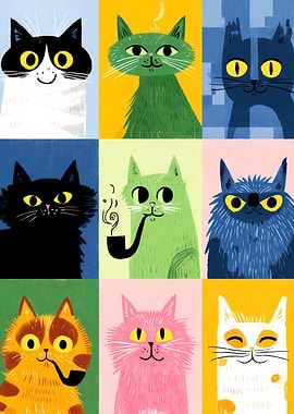Nine Cats in a Grid