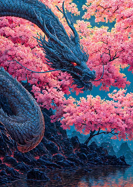 Blue Dragon In Cherry Blossoms