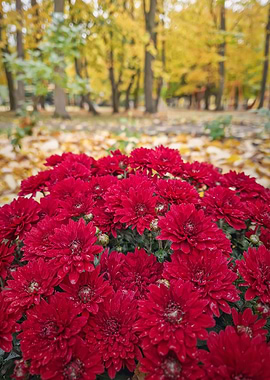 Red Chrysanthemums in Autumn Park