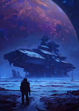 Astronaut on alien planet with spaceship