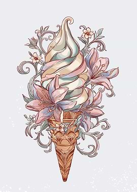 Ornate Ice Cream Cone with Flowers