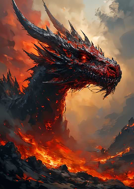 Fiery Dragon in a Volcanic Landscape