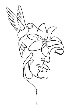 Line Art Woman with Bird and Flower