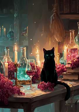 Black Cat with Wine and Grapes