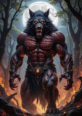 Werewolf in a fiery forest