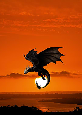 Dragon flying at sunset