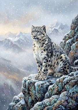 Snow Leopard on Snowy Mountain Cliff
