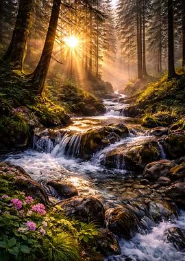 Sunlit Forest Stream with Pink Flowers