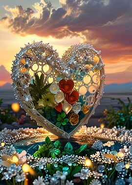 Heart-shaped floral arrangement at sunset
