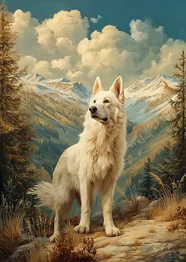 White Swiss Shepherd Dog in Mountain Landscape